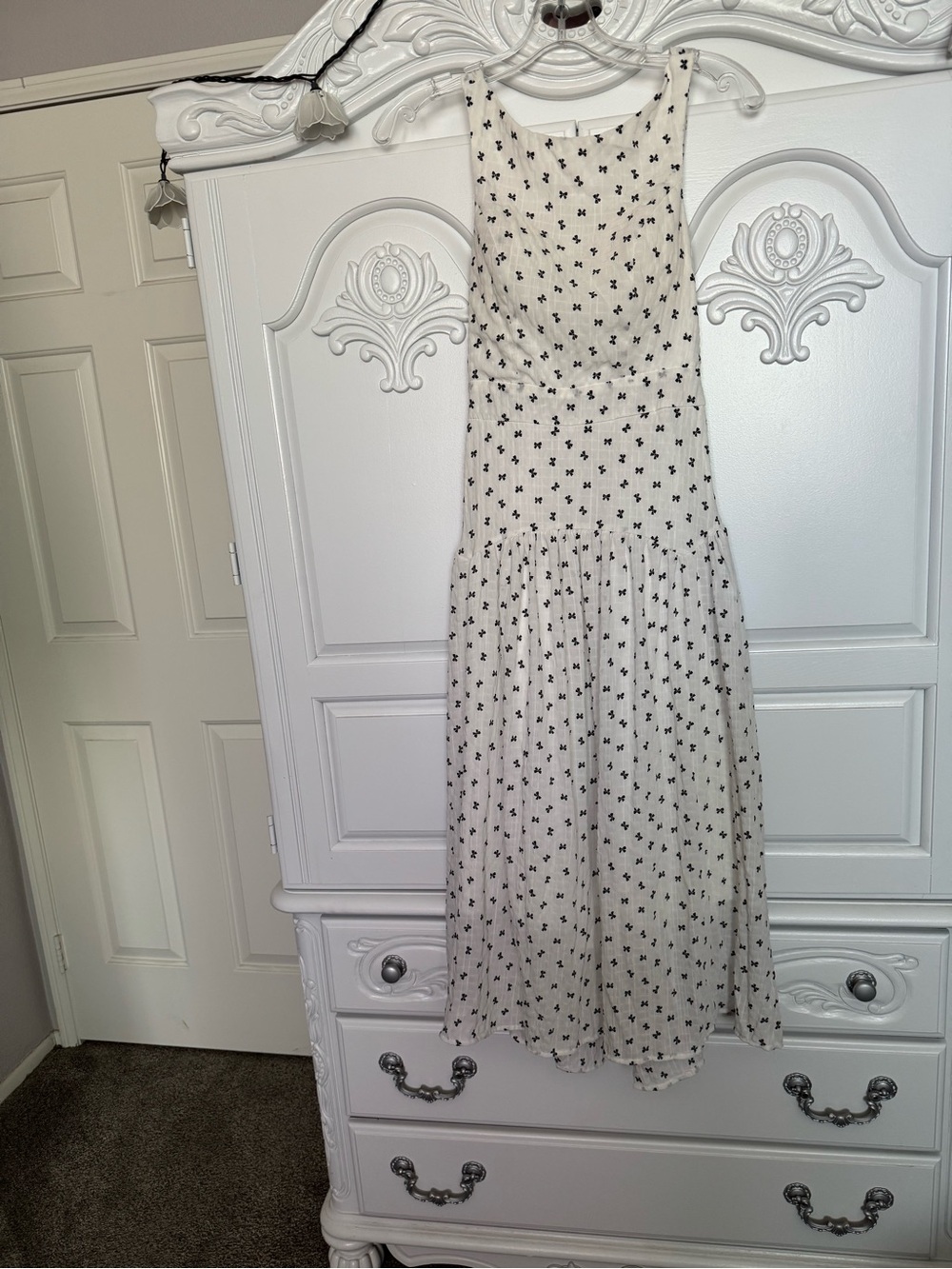 Sleeveless Cream Midi Dress with Black Micro Bow Print
